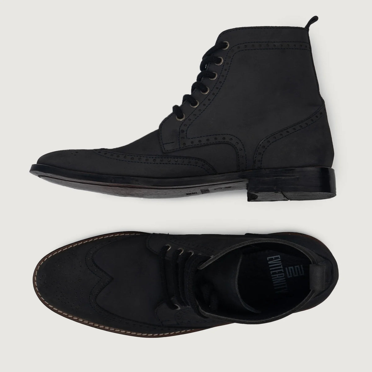 Close-Up Detail of Classic Collar & Heavy-Duty Zipper Hardware on Duster Brogues Derby Black Nubuck Leather Boots For Men