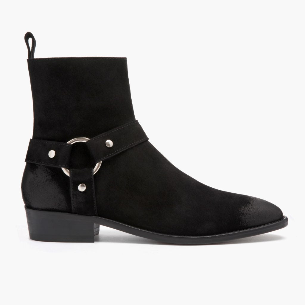 Black Goatskin Suede Leather Boots - Goodyear Welt Construction & Front Toe Box Detail