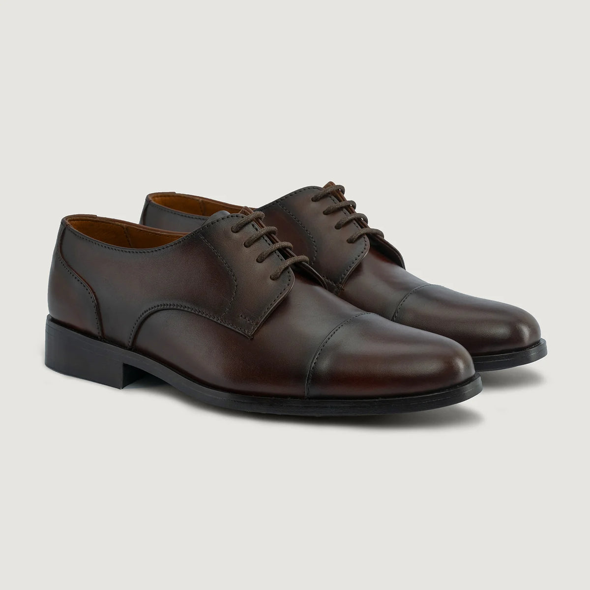 Attorney Derby Brown Leather Shoes For Men in Burnished Brown Full-Grain Leather - Lateral Side Profile View | Buy Online