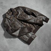 
Knit Rib & Hem Craftsmanship Construction Detail on Men's Aaron Distressed Brown Leather Bomber Jacket