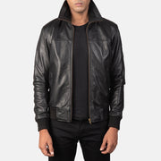 
Men's Air Rolf Black Leather Bomber Jacket in Black Sheepskin Leather - Front Profile View & Tailored Silhouette | Buy Online