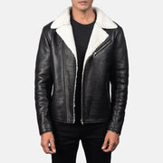 Men's Alberto White Shearling Black Leather Jacket in Black Sheepskin Leather - Front Profile View &amp; Tailored Silhouette | Buy Online