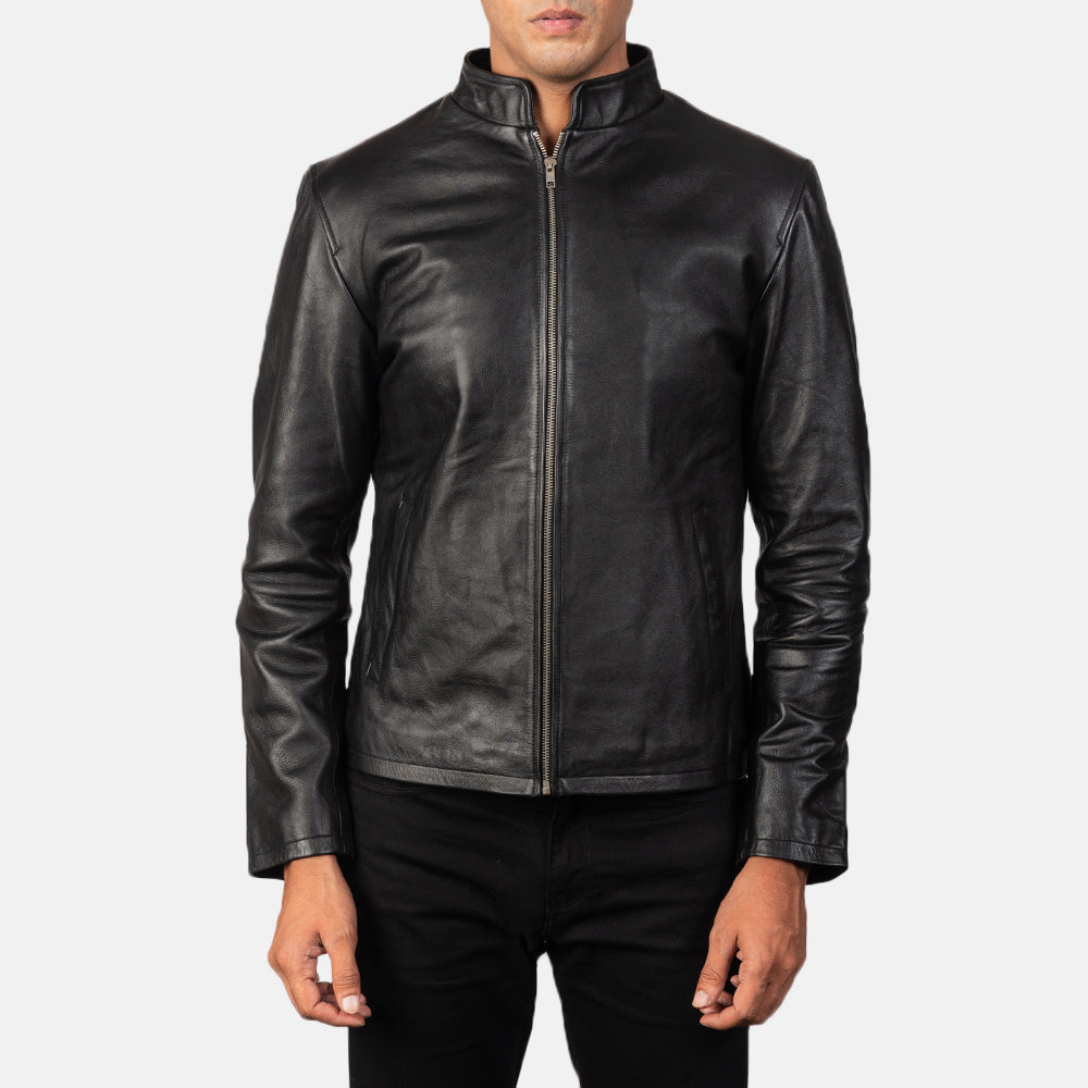 
Men's Alex Black Leather Biker Jacket - Lateral Side Profile View Showing Sleeve Cut & Athletic Taper Fit