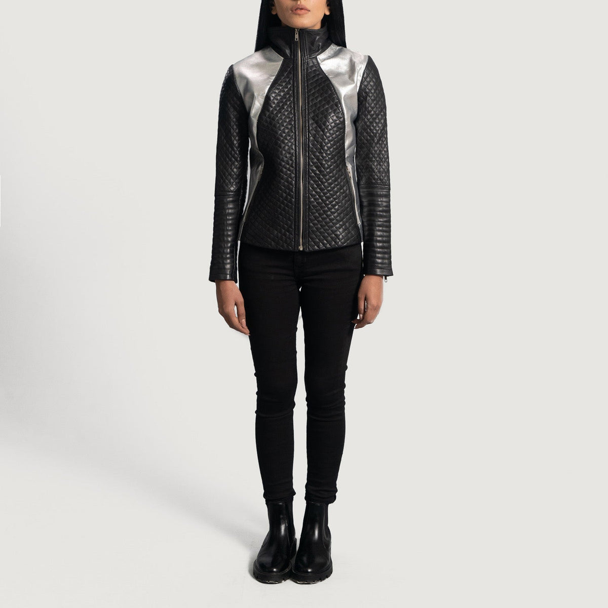 
Close-Up Detail of High Neck & Zipper Hardware on Women's Alia Metallic Black Leather Biker Jacket
