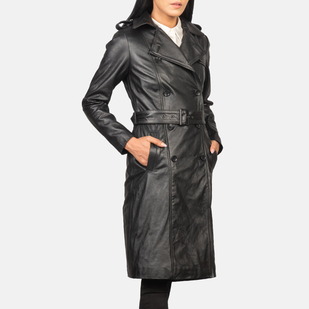 
Close-Up Detail of Notch & Buttons Hardware on Women's Alice Black Double Breasted Leather Coat