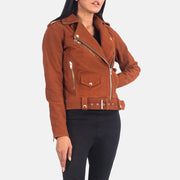 Close-Up Detail of Notch &amp; Zipper Hardware on Women's Alison Brown Suede Biker Jacket