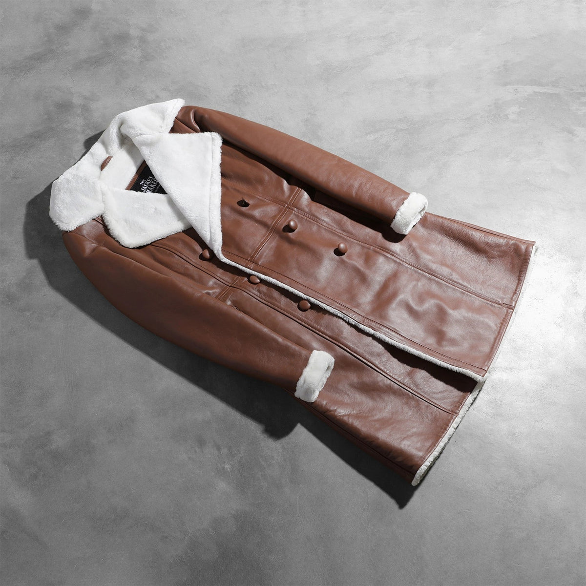 
Open Hem & Hem Craftsmanship Construction Detail on Women's Amie Brown Double Breasted Shearling Coat