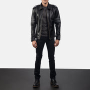Armstrong Black Leather Biker Jacket - Lateral Side Profile View Showing Sleeve Cut &amp; Athletic Taper Fit