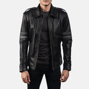 Close-Up Detail of Shirt &amp; Zipper Hardware on Armstrong Black Leather Biker Jacket