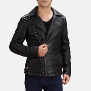 Men's Black Studded Leather Biker Jacket in Black Sheepskin Leather - Front Profile View &amp; Tailored Silhouette | Buy Online