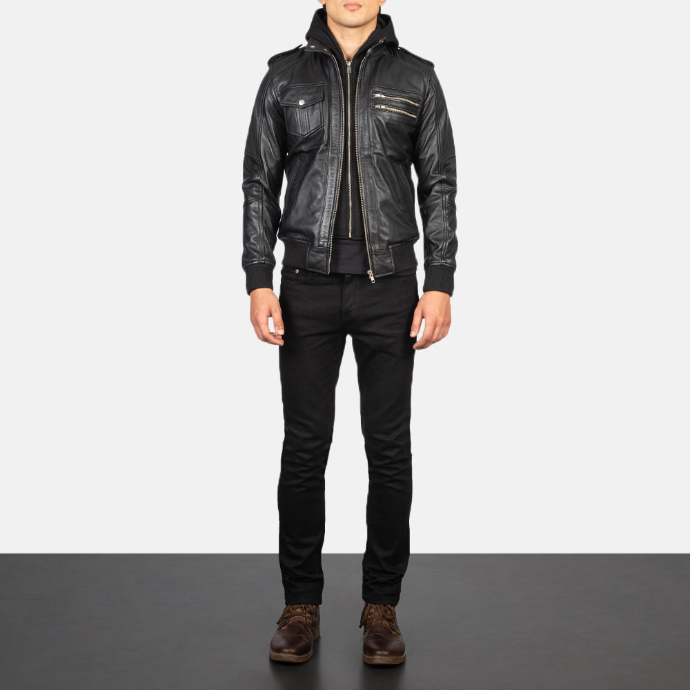 
Men's Bravado Black Hooded Leather Bomber Jacket - Lateral Side Profile View Showing Sleeve Cut & Athletic Taper Fit