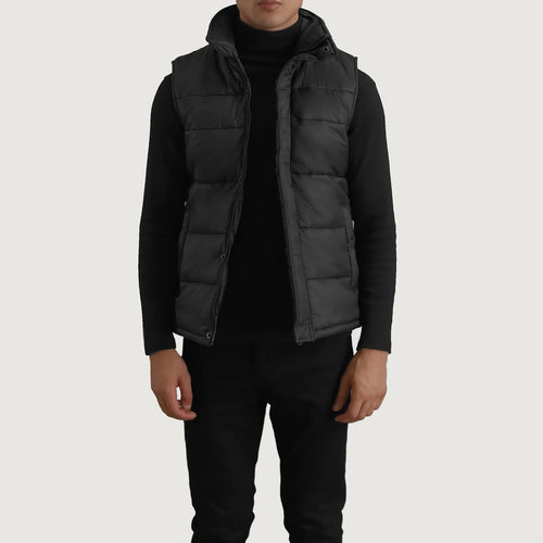Bryan Black Puffer Vest in Black Full-Grain Leather - Front Profile View & Tailored Silhouette | Buy Online