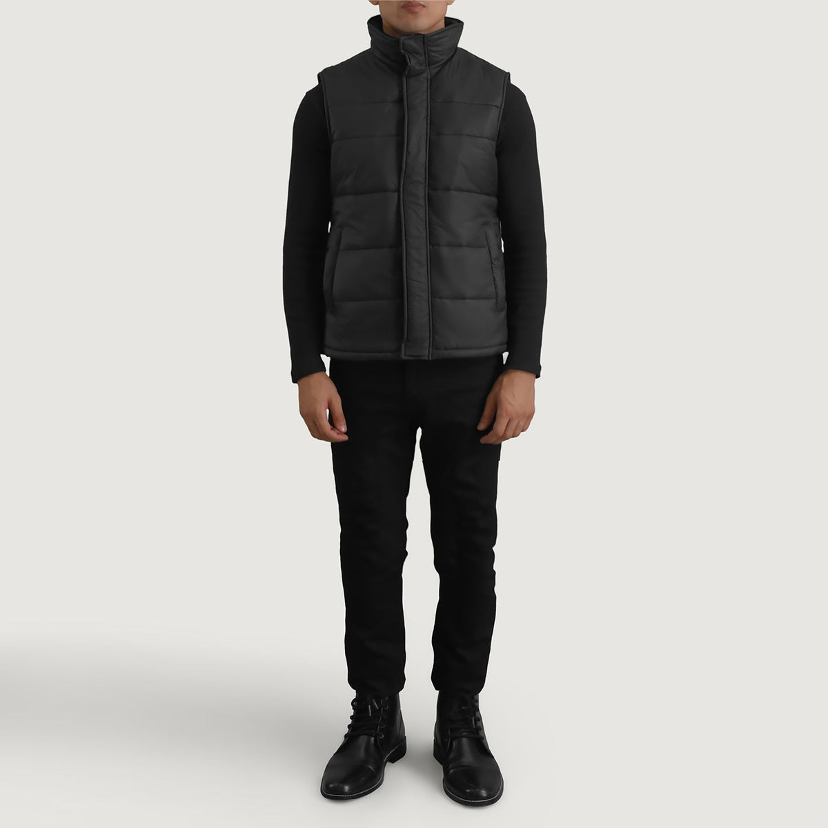 
Bryan Black Puffer Vest - Lateral Side Profile View Showing Sleeve Cut & Athletic Taper Fit