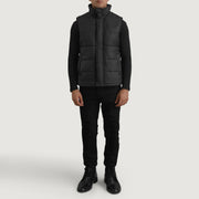 
Bryan Black Puffer Vest - Lateral Side Profile View Showing Sleeve Cut & Athletic Taper Fit