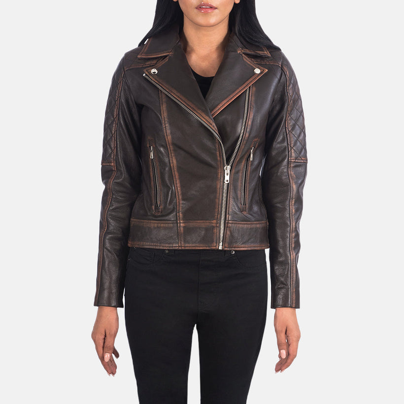 Carolyn Quilted Vintage Brown Leather Biker Jacket