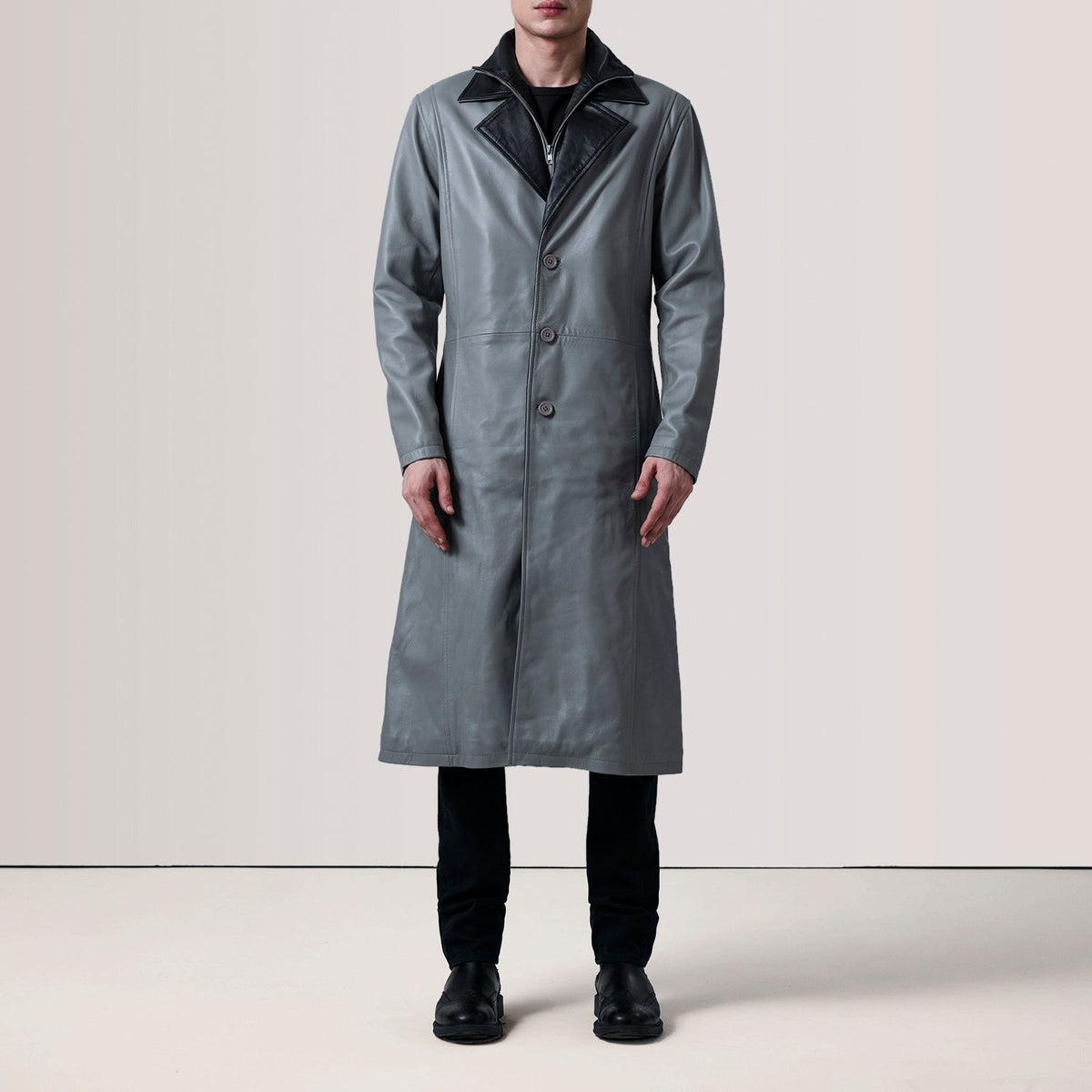 
Grey Sheepskin leather Coat - Back View Showing Tailored Shoulder Fit & Clean Hemline