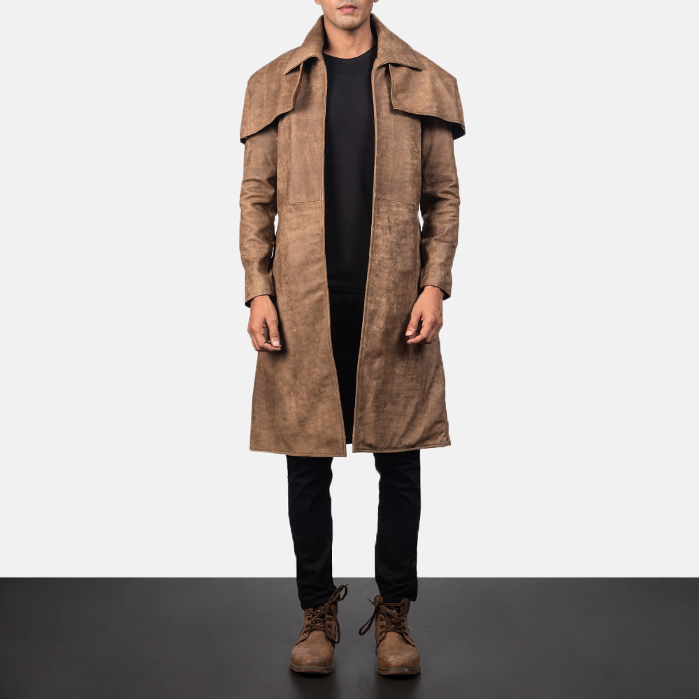 
Men's Classic Brown Leather Duster in Distressed Brown Sheepskin Snuffed - Front Profile View & Tailored Silhouette | Buy Online