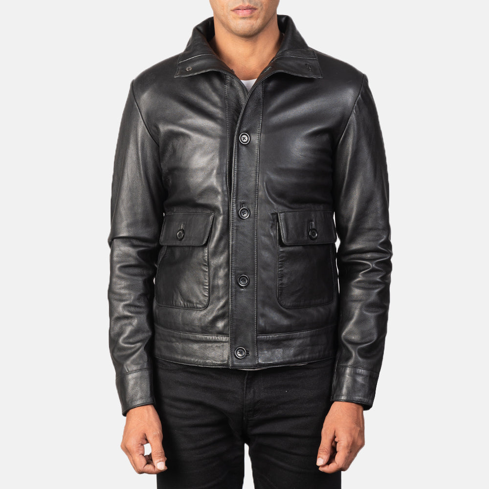 
Norman Black Hooded Bomber Leather Puffer Jacket in Blue Sheepskin Leather - Front Profile View & Tailored Silhouette | Buy Online
