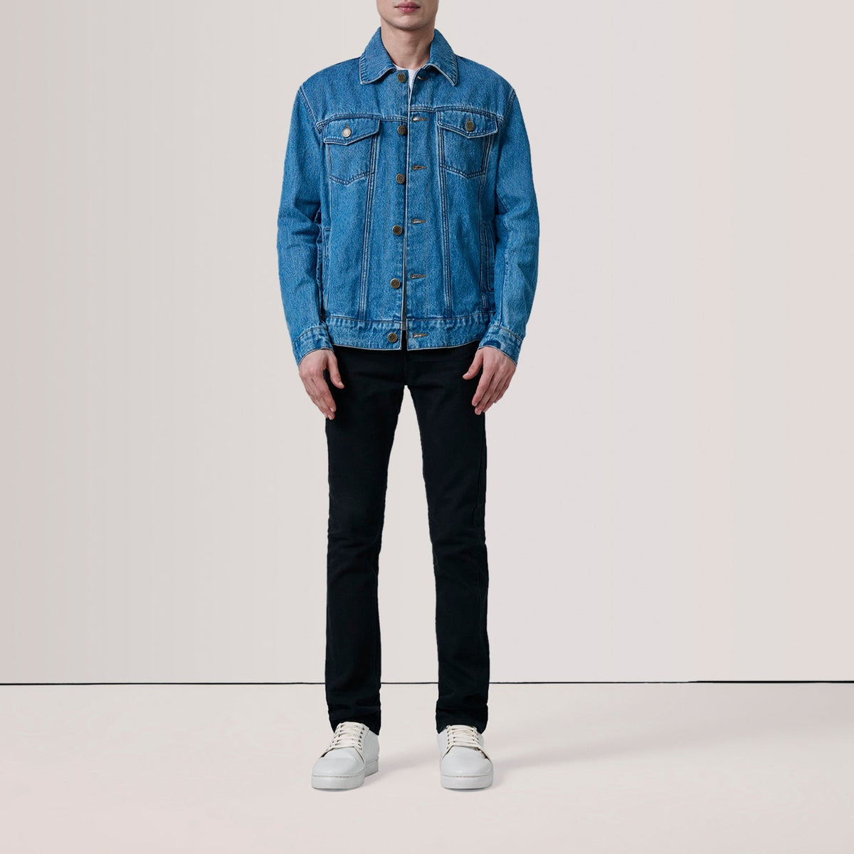 
Blue Full-Grain leather Jacket - Back View Showing Tailored Shoulder Fit & Clean Hemline