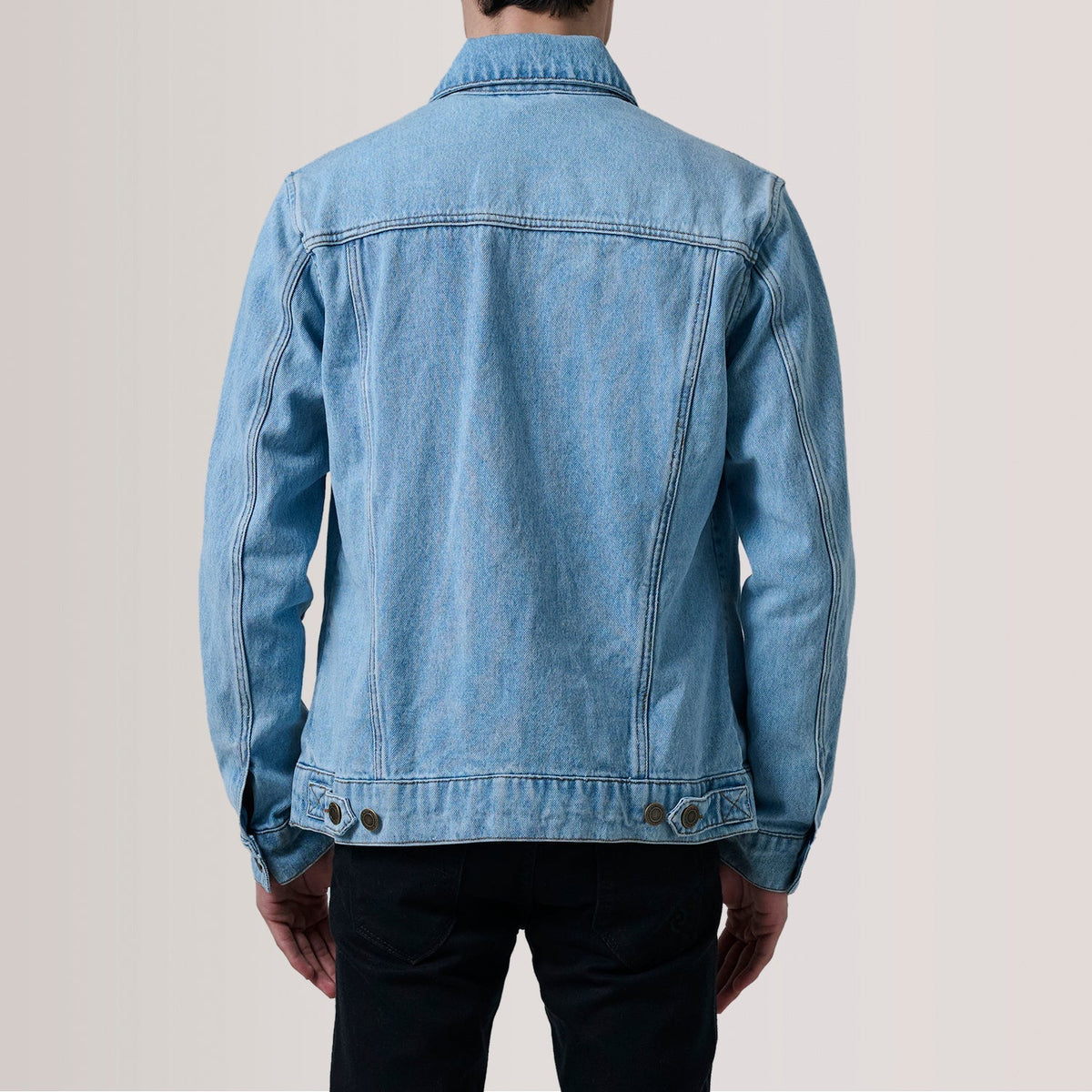 
Close-Up Detail of Classic Collar & Heavy-Duty Zipper Hardware on Conard Light Blue Denim Trucker Jacket For Men