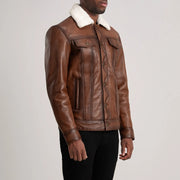 
Waxed Brown Sheepskin Leather Aviator Jacket - Back View Showing Tailored Shoulder Fit & Clean Hemline
