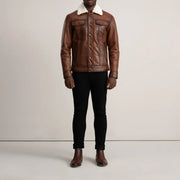 
Dallis Brown Leather Shearling Trucker Jacket - Lateral Side Profile View Showing Sleeve Cut & Athletic Taper Fit
