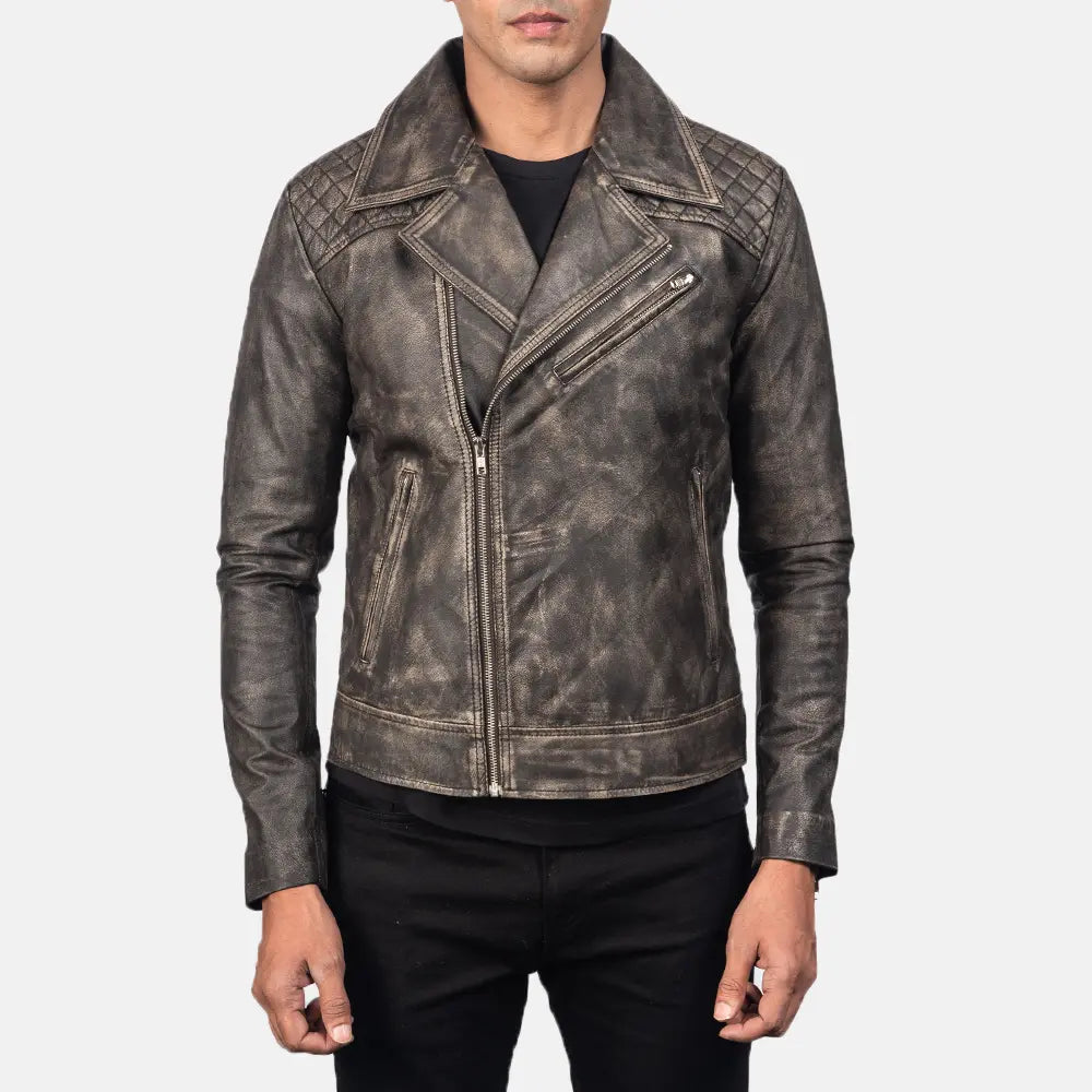 
Zipper & Hem Craftsmanship Construction Detail on Men's Danny Quilted Brown Leather Biker Jacket