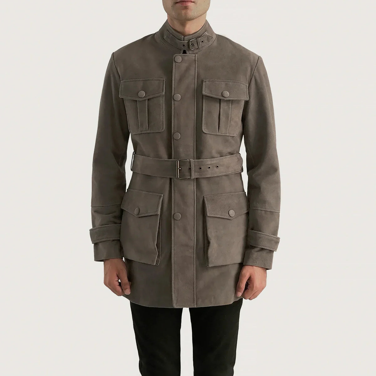 Close-Up Detail of High neck with Belt &amp; Snap button Hardware on Dolf Grey Suede Jacket