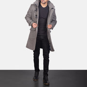 Men's Grey Wool Duffle Coat in Grey Synthetic Wool - Front Profile View & Tailored Silhouette | Buy Online
