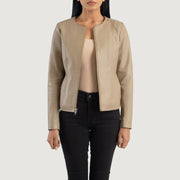 Elixir Beige Collarless Leather Jacket in Beige Sheepskin Leather - Front Profile View &amp; Tailored Silhouette | Buy Online