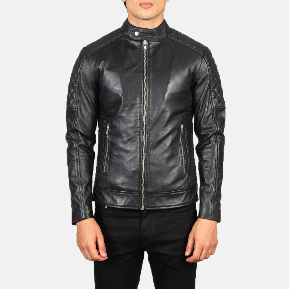 Close-Up Detail of Band Collar & Zipper Hardware on Men's Fernando Quilted Brown Suede Biker Jacket