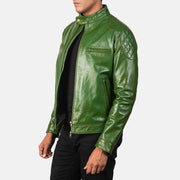 
Green Sheepskin Burnishing Biker Jacket - Back View Showing Tailored Shoulder Fit & Clean Hemline