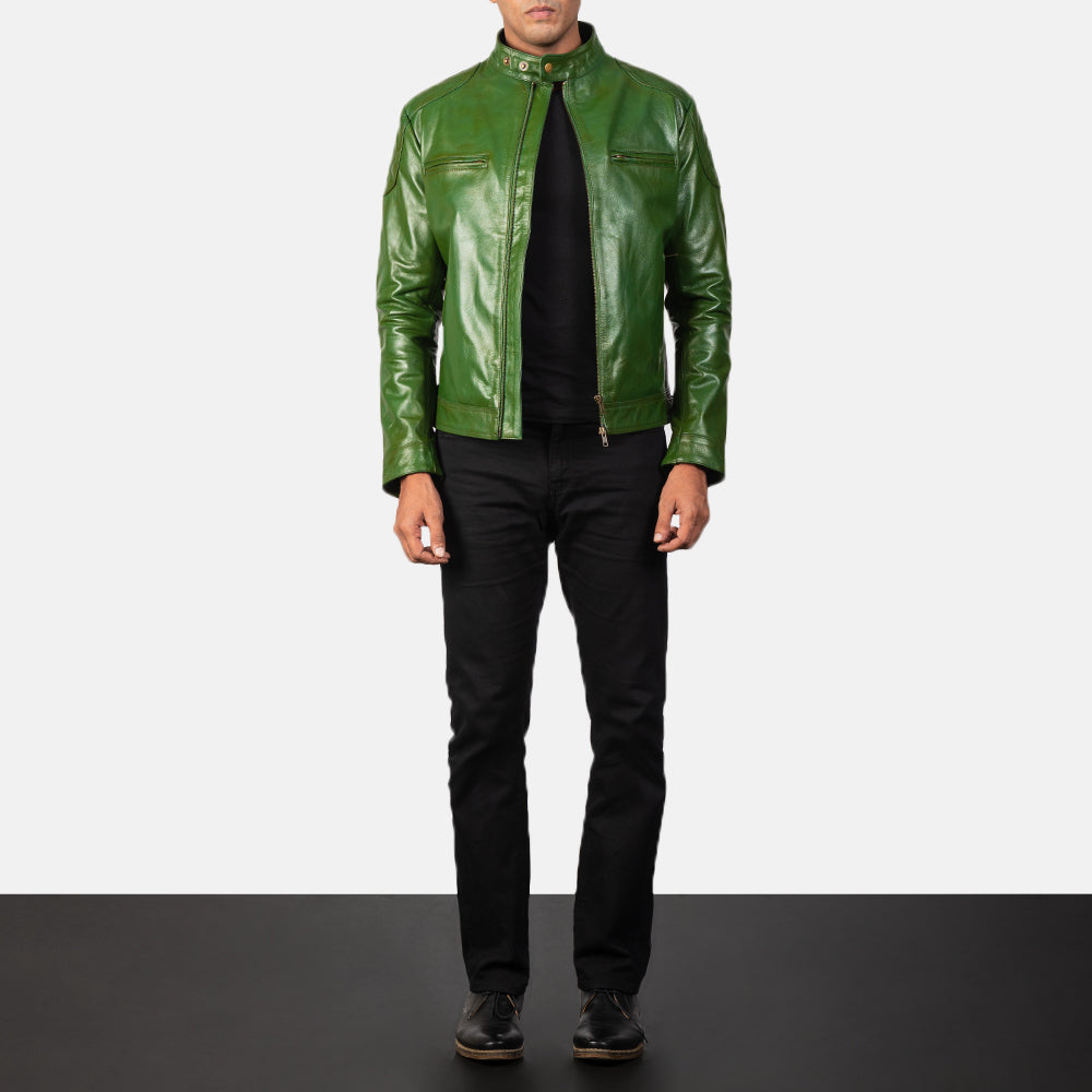
Close-Up Detail of Band with snap buttons & Zipper Hardware on Men's Gatsby Quilted Green Leather Biker Jacket