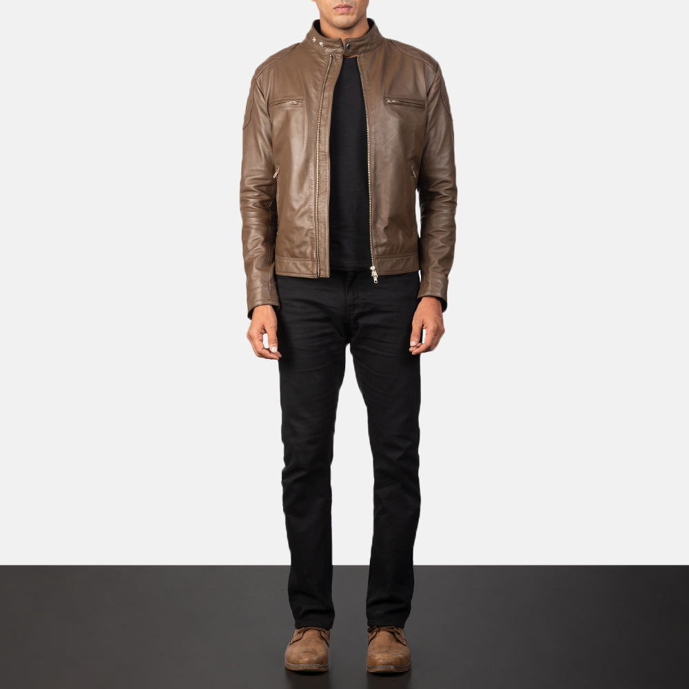 
Gatsby Mocha Leather Biker Jacket - Lateral Side Profile View Showing Sleeve Cut & Athletic Taper Fit