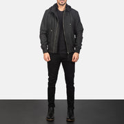 
Men's Hanklin Ma-1 Black Hooded Bomber Jacket - Lateral Side Profile View Showing Sleeve Cut & Athletic Taper Fit