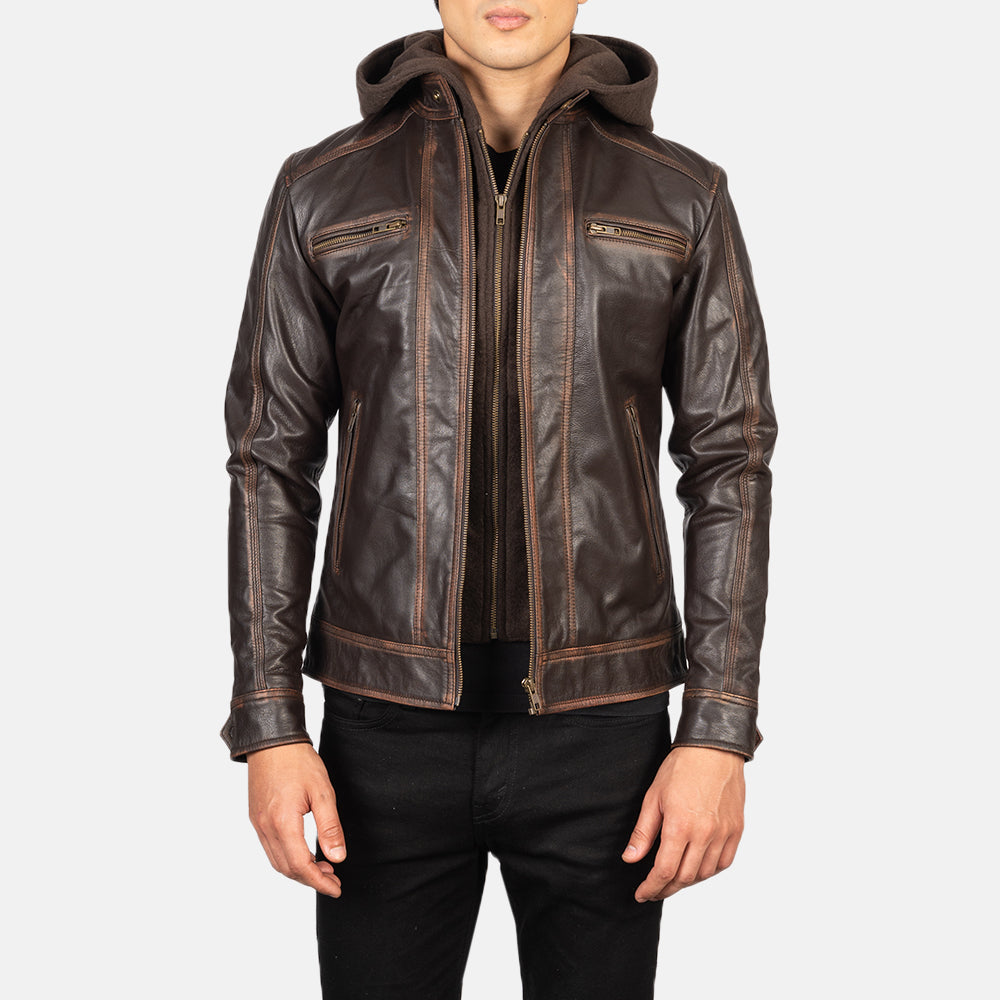 
Men's Hector Vintage Brown Hooded Leather Biker Jacket in Vintage Brown Goatskin Leather - Front Profile View & Tailored Silhouette | Buy Online