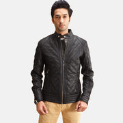 Henry Quilted Black Leather Jacket in Black Sheepskin Leather - Front Profile View &amp; Tailored Silhouette | Buy Online