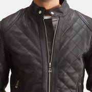 Close-Up Detail of Band with Snap Button &amp; Zipper Hardware on Henry Quilted Black Leather Jacket