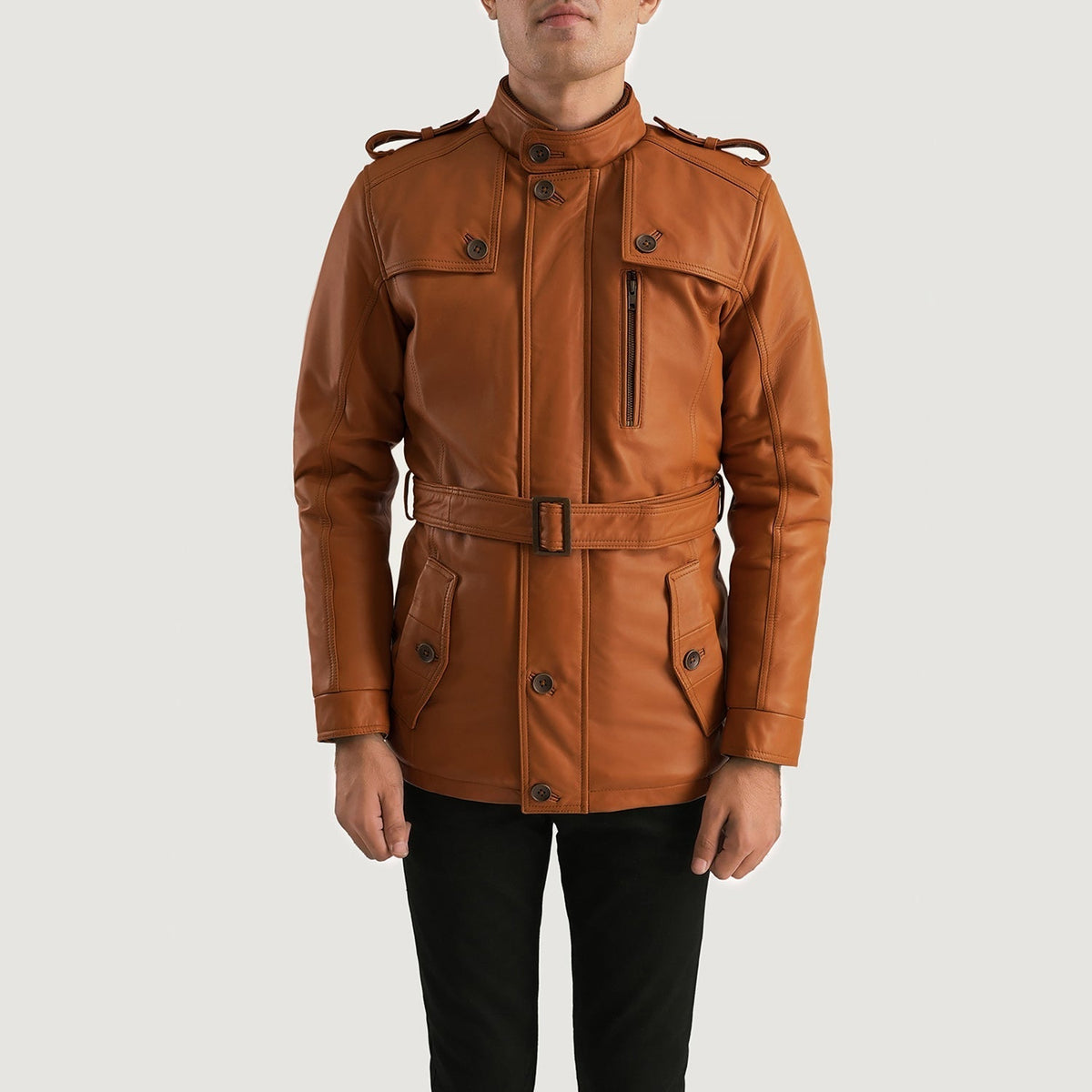 
Close-Up Detail of Band (Buttoned) & Zipper with Button Flap Hardware on Hunter Tan Brown Fur Leather Jacket