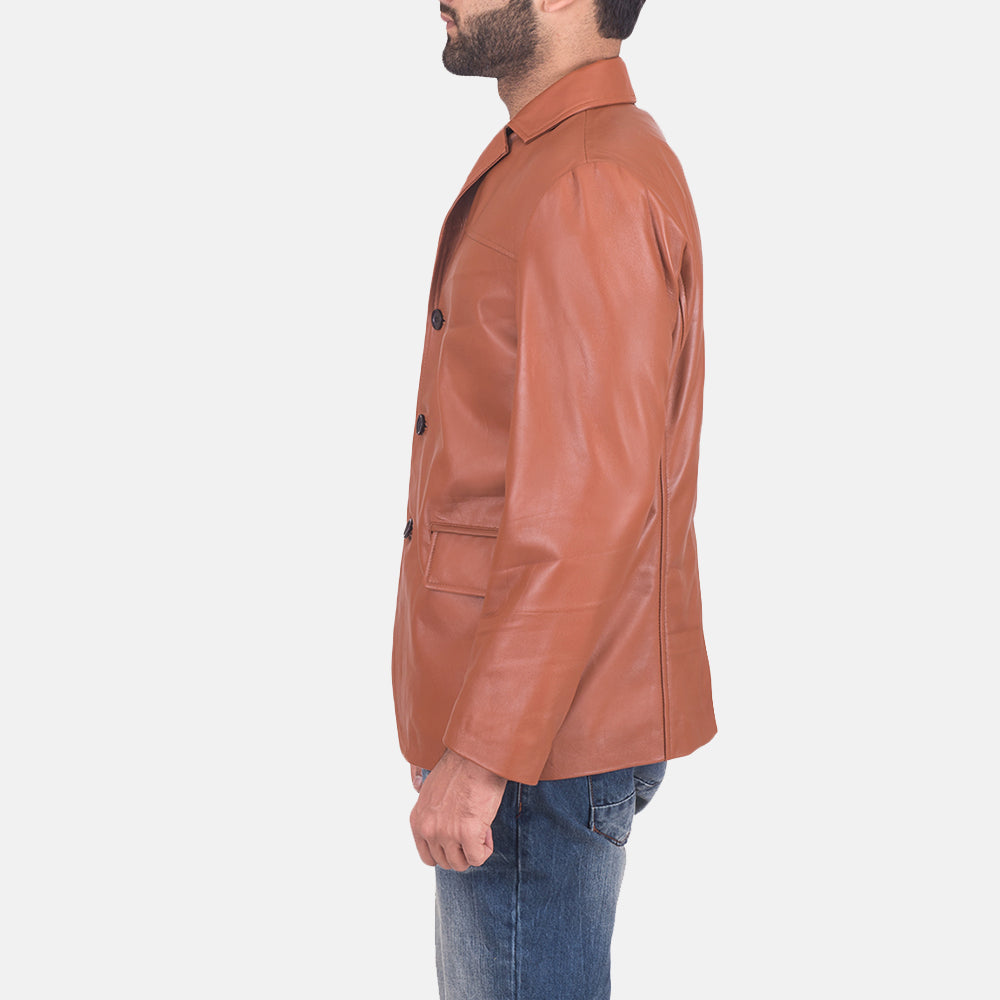 
James Tan Brown Leather Blazer - Lateral Side Profile View Showing Sleeve Cut & Athletic Taper Fit