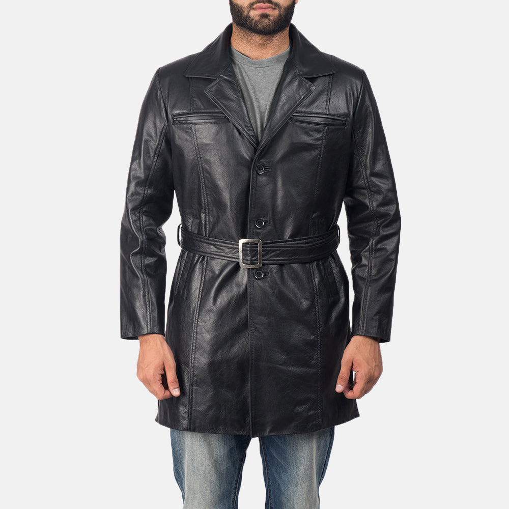 
Men's Jordan Black Leather Coat in Black Cowhide Leather - Front Profile View & Tailored Silhouette | Buy Online