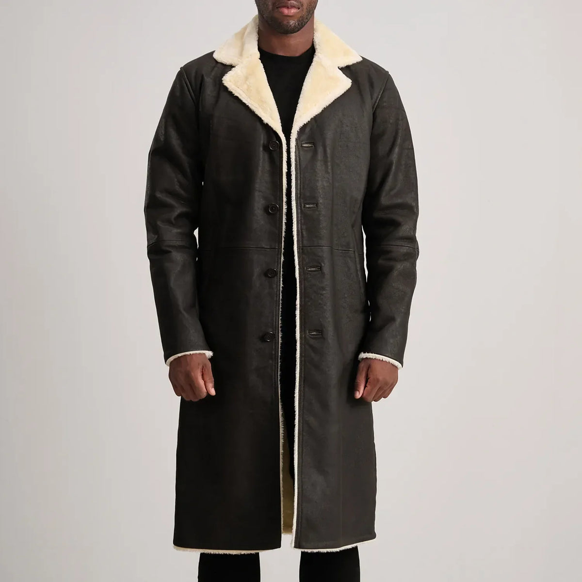 Kolby Tumbled Brown Shearling Long Coat in Brown Sheepskin Snuffed - Front Profile View &amp; Tailored Silhouette | Buy Online