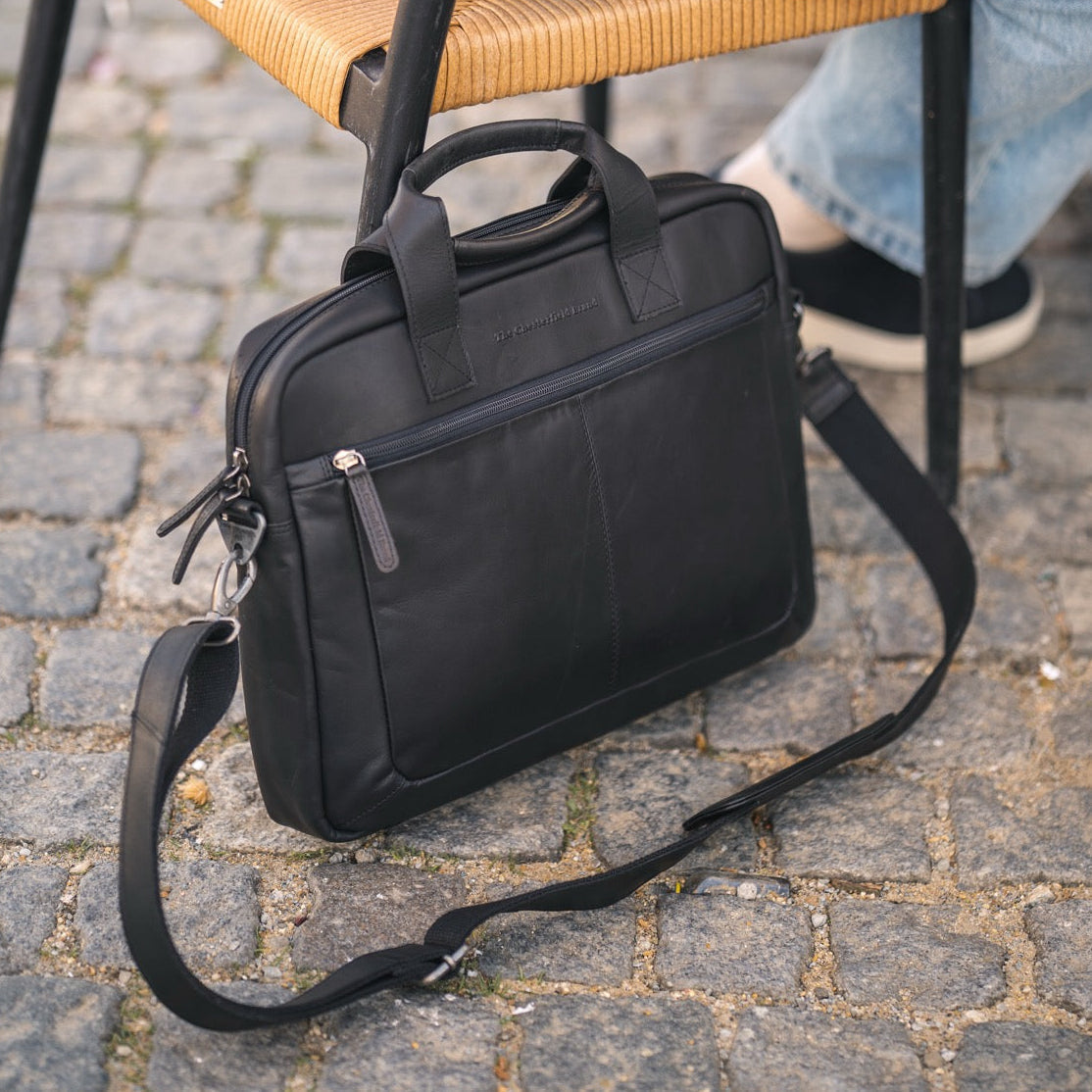 
Classic 100% Full-Grain leather Briefcase - Rear Perspective Showing Reinforced Leather Straps & Stitching