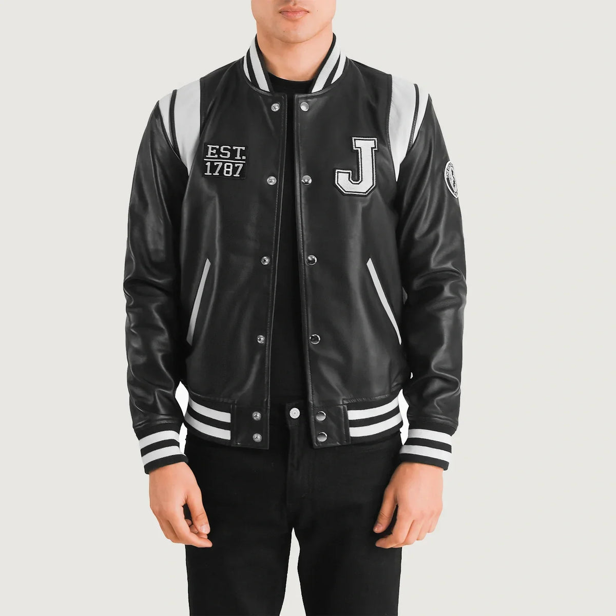 
Liberte New Jersey Black Leather Varsity Jacket in Black & White Sheepskin Leather - Front Profile View & Tailored Silhouette | Buy Online