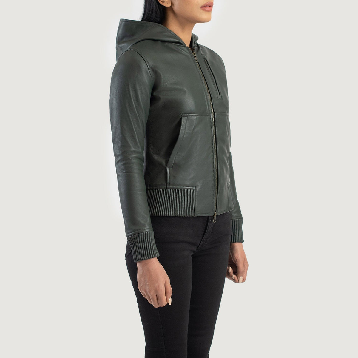 
Styled Fit Perspective of Women's Luna Blue Hooded Leather Bomber Jacket on Model - Natural Daylight Drape