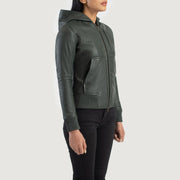 
Styled Fit Perspective of Women's Luna Blue Hooded Leather Bomber Jacket on Model - Natural Daylight Drape