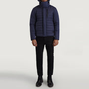 
Malcolm Blue Hooded Puffer Jacket - Lateral Side Profile View Showing Sleeve Cut & Athletic Taper Fit