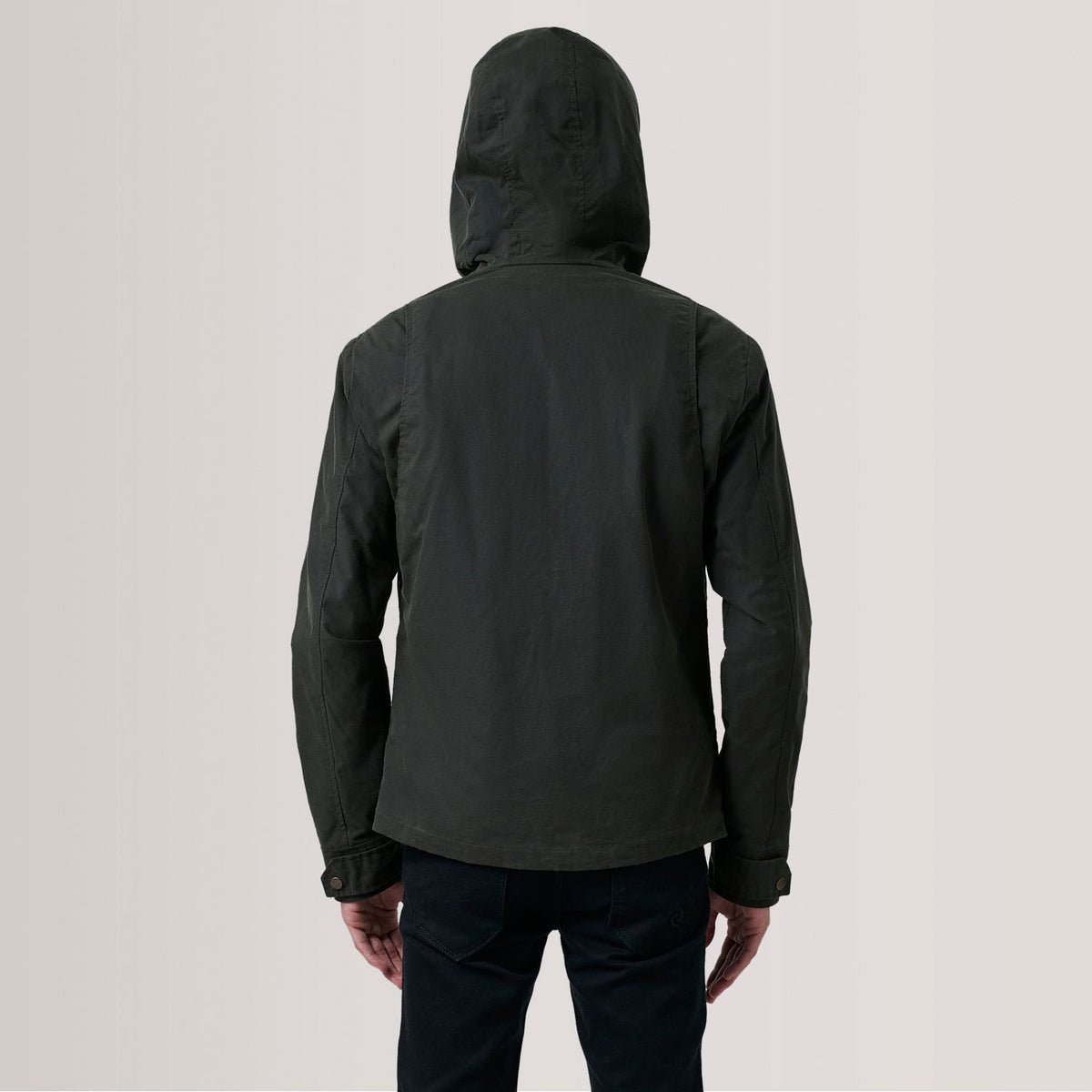 Close-Up Detail of Hooded &amp; Zipper with placket Hardware on Marlo Olive Canvas Hooded Work Jacket For Men