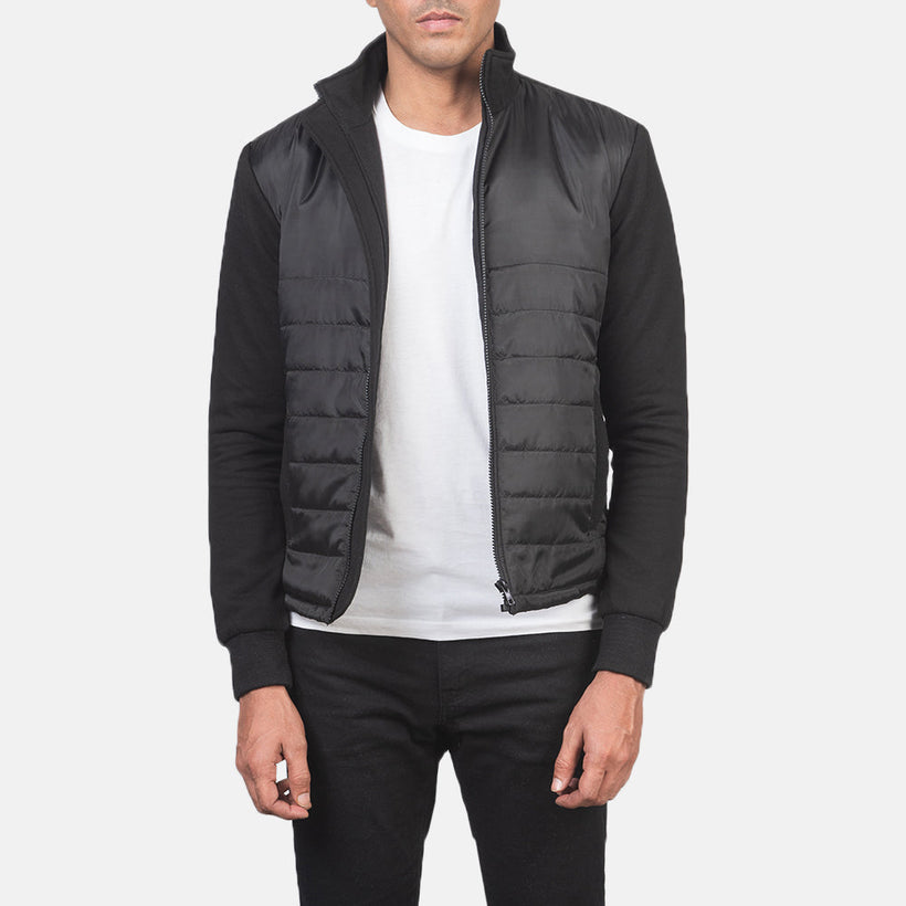 Men's Nashville Quilted Black Windbreaker Jacket in Black Polyester (Torso) &Amp; Knitted Fabric (Sleeves) - Front Profile View & Tailored Silhouette | Buy Online