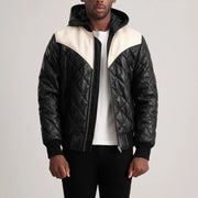 
Norman Tan Hooded Bomber Leather Puffer Jacket in Tan Brown Sheepskin Leather - Front Profile View & Tailored Silhouette | Buy Online